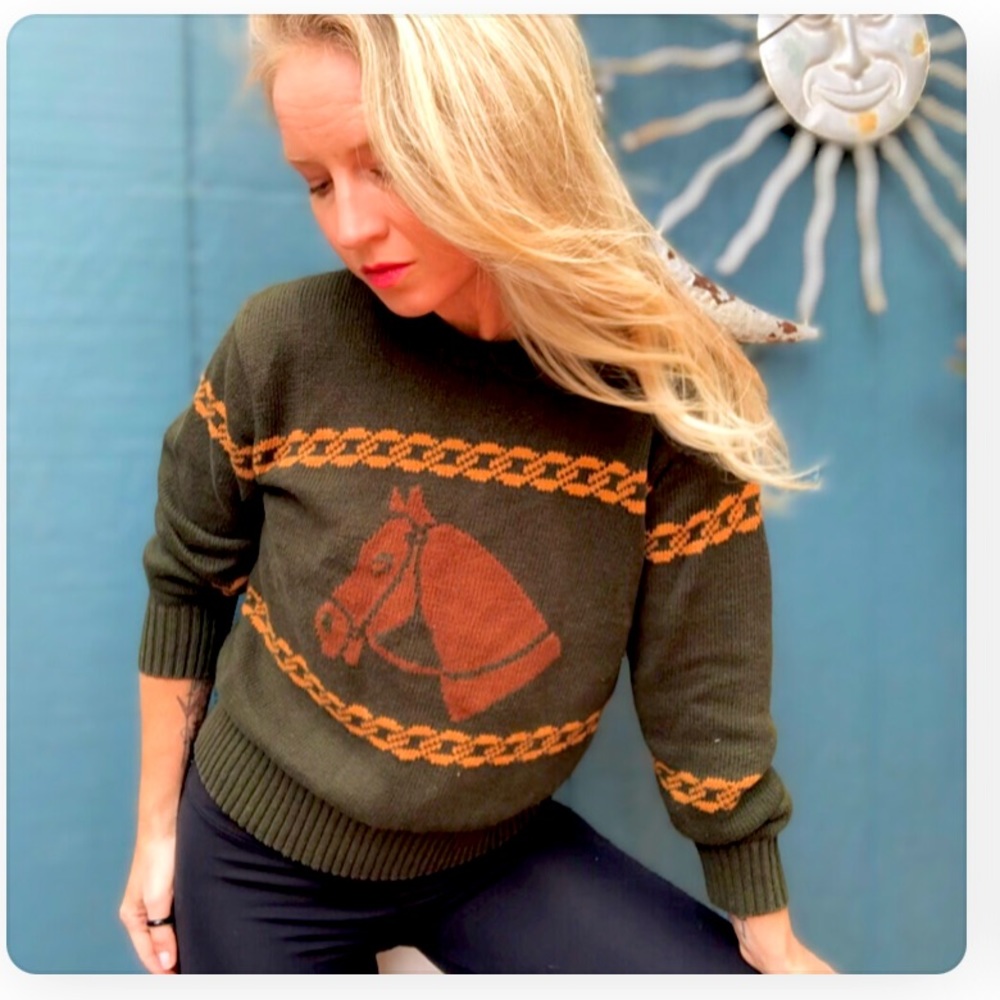 Jones New York Horse Chainlink Intarsia pine knit M